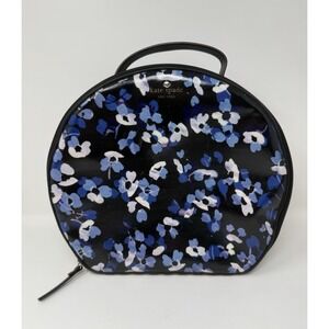 Kate Spade Cosmetic Case Round Blue Floral Makeup Travel Bag Purse Coated Canvas